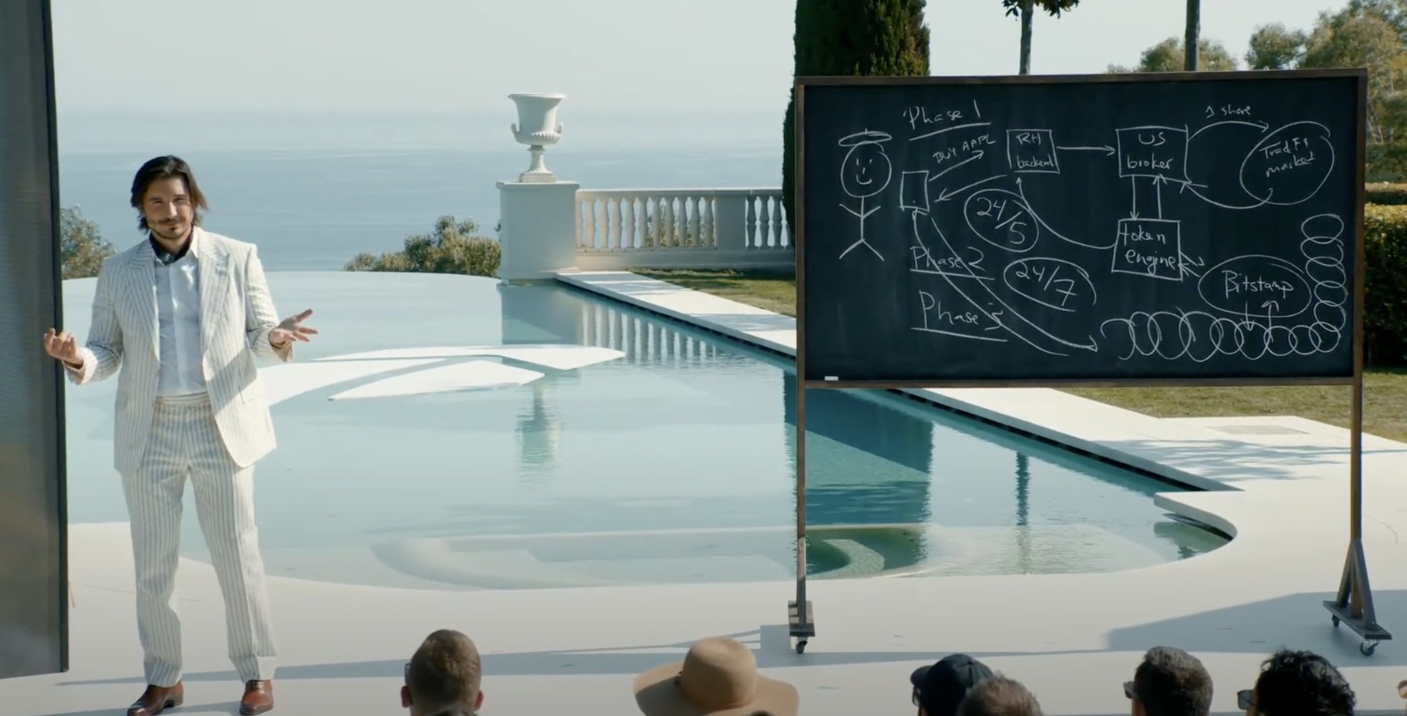 Presenter next to a chalkboard containing the stick figure and diagrams